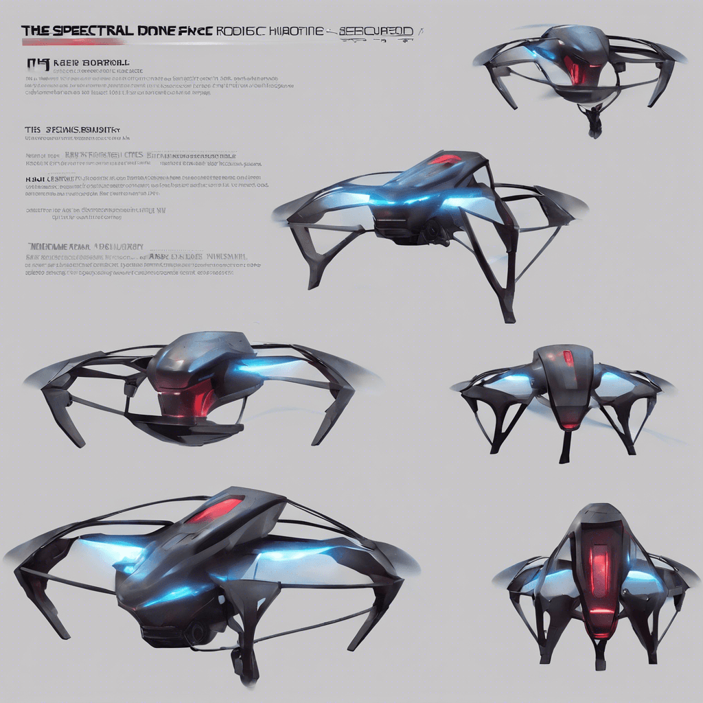 The Spectral Drone is a small, flying robotic unit with a sleek, metallic body that gleams with an otherworldly glow. It emits a faint hum as it hovers in the air, its red scanning light sweeping the area in search of targets. Its sharp, angular design and advanced technology suggest it was created for surveillance and combat purposes.