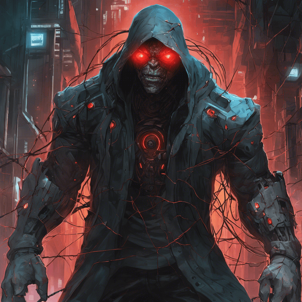 A hulking figure, shrouded in tattered netrunner cloaks, with glowing red eyes and cybernetic limbs that spark with rogue code. Its face is obscured by a cracked visor displaying erratic data streams.