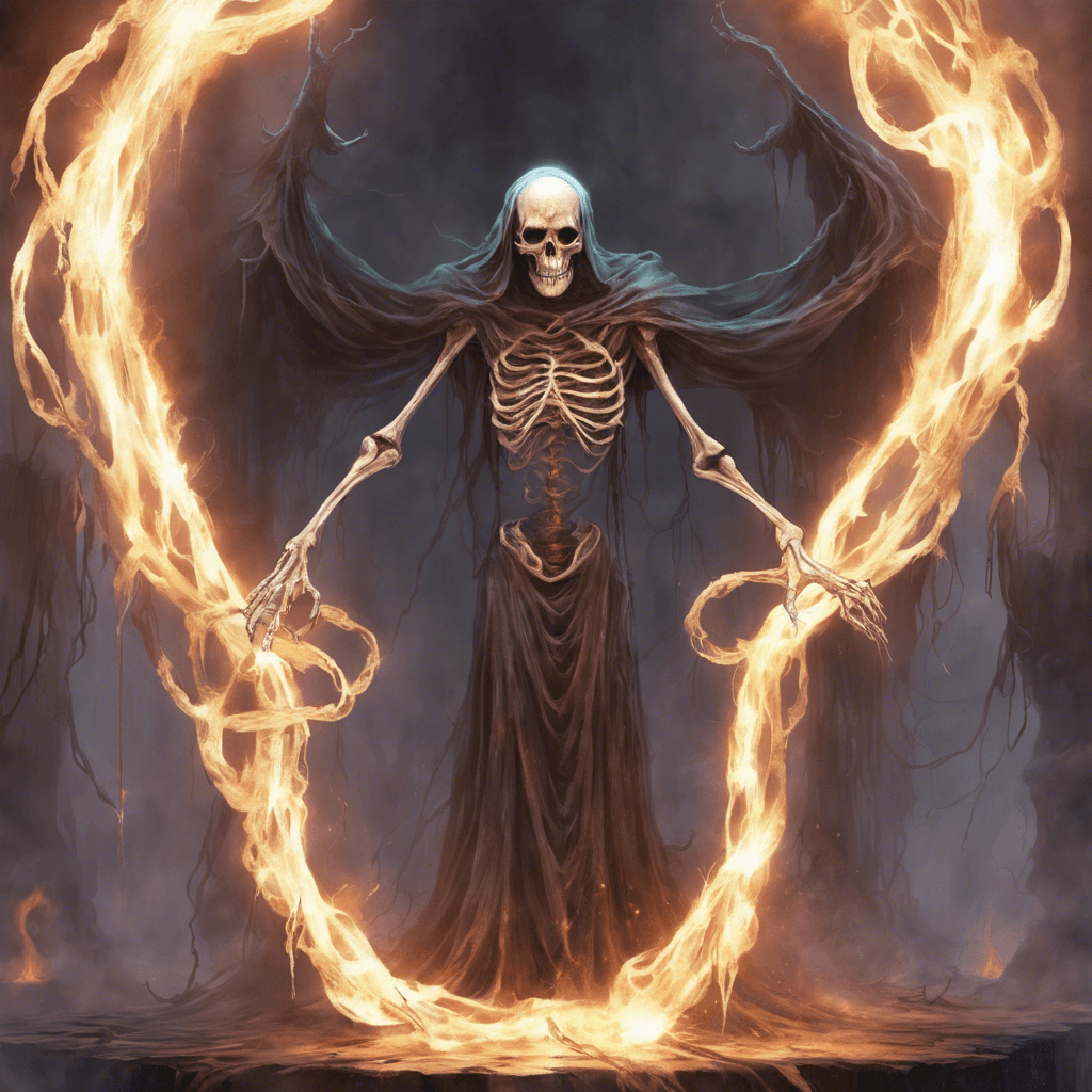 A ghastly apparition with ethereal chains draped over its wispy, decaying robes. Its vacant eye sockets burn with an otherworldly flame, and its skeletal hands reach out, crackling with spectral energy.