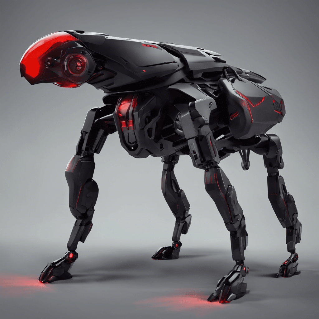 A sleek robotic quadruped with a matte black carapace and glowing red sensors for eyes. It's equipped with retractable blades on its forelimbs and has a mounted laser cannon on its back.