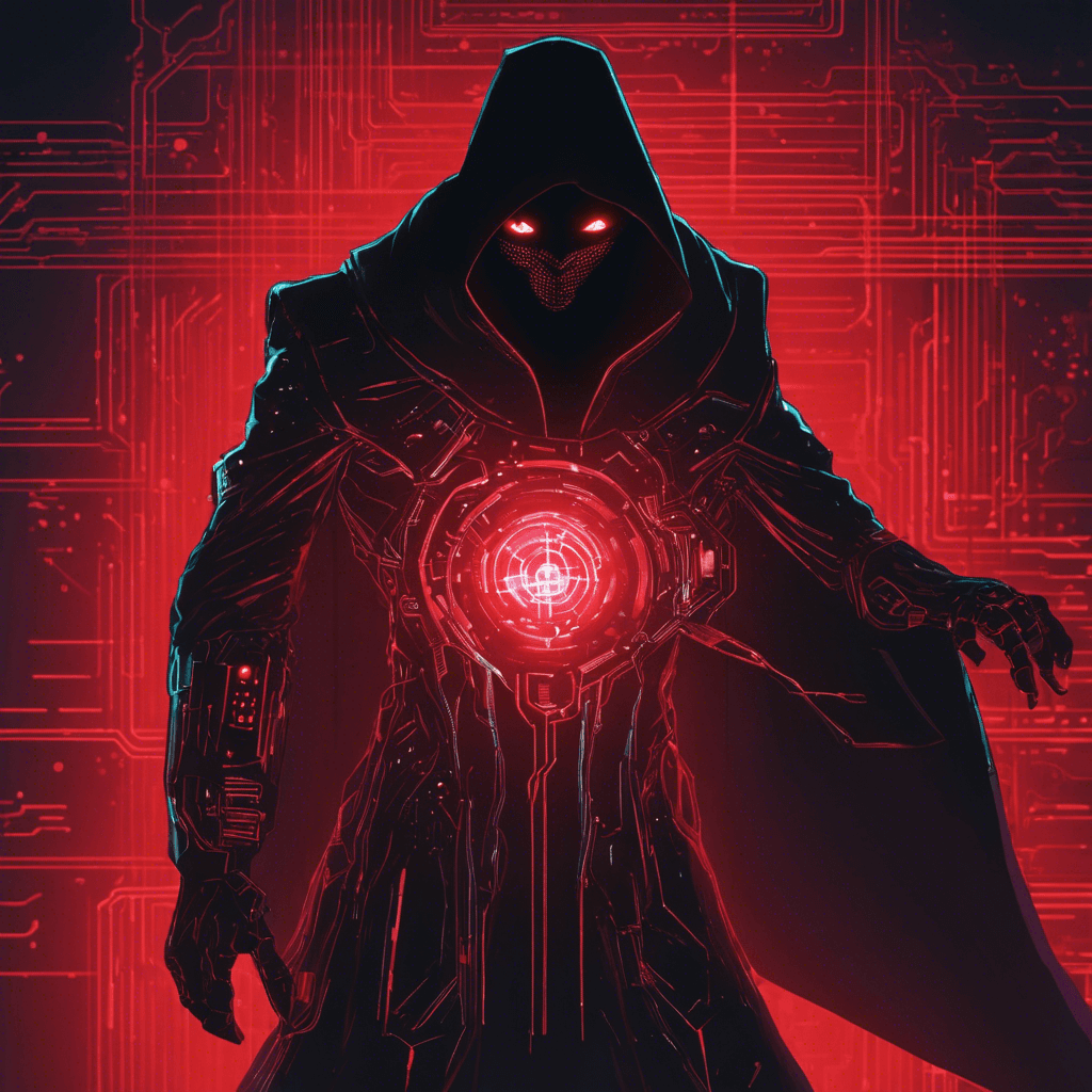 The Shadow Haxor is a cybernetically enhanced hacker cloaked in darkness, with glowing neon circuit patterns visible through the shadows. Its eyes shine bright red, scanning the digital and physical worlds for weaknesses to exploit.