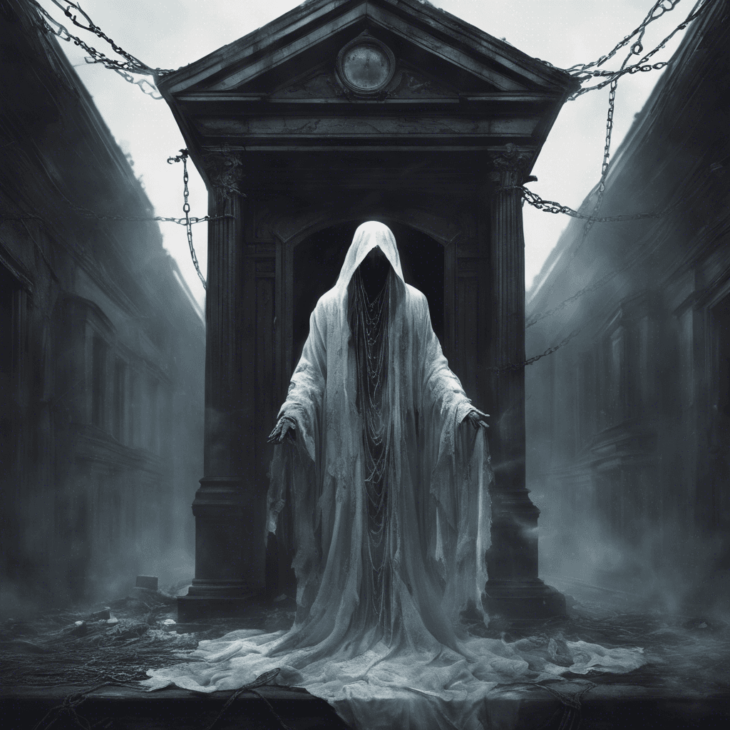 A semi-transparent figure shrouded in tattered robes, its eyes glowing with a supernatural light. Chains rattle as it floats eerily above the ground, a silent sentinel guarding the mansion's secrets.