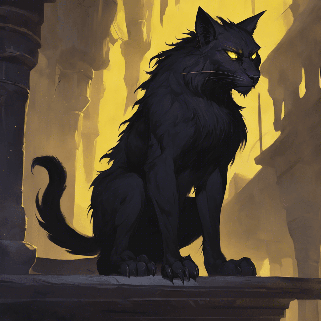 A looming feline creature, larger than any common beast, with midnight black fur that seems to absorb the light around it. Gleaming yellow eyes pierce through the dim tavern, and long, razor-sharp claws extend from its massive paws which leave shivering scratches in the air itself.