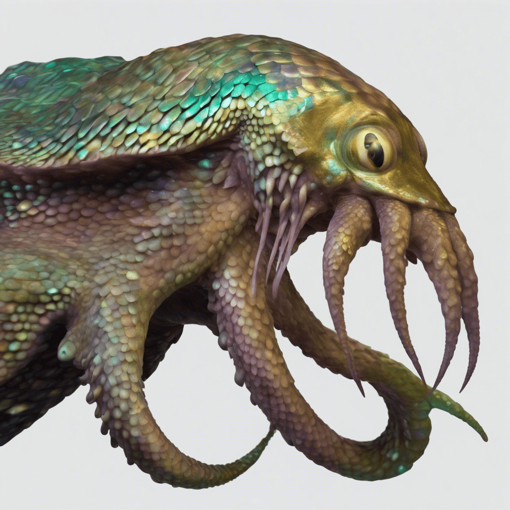 Zorblax has shifting iridescent scales covering its serpentine body, with multiple limbs that end in sharp, dexterous claws, and a head that resembles a cuttlefish, complete with tentacle-like appendages.