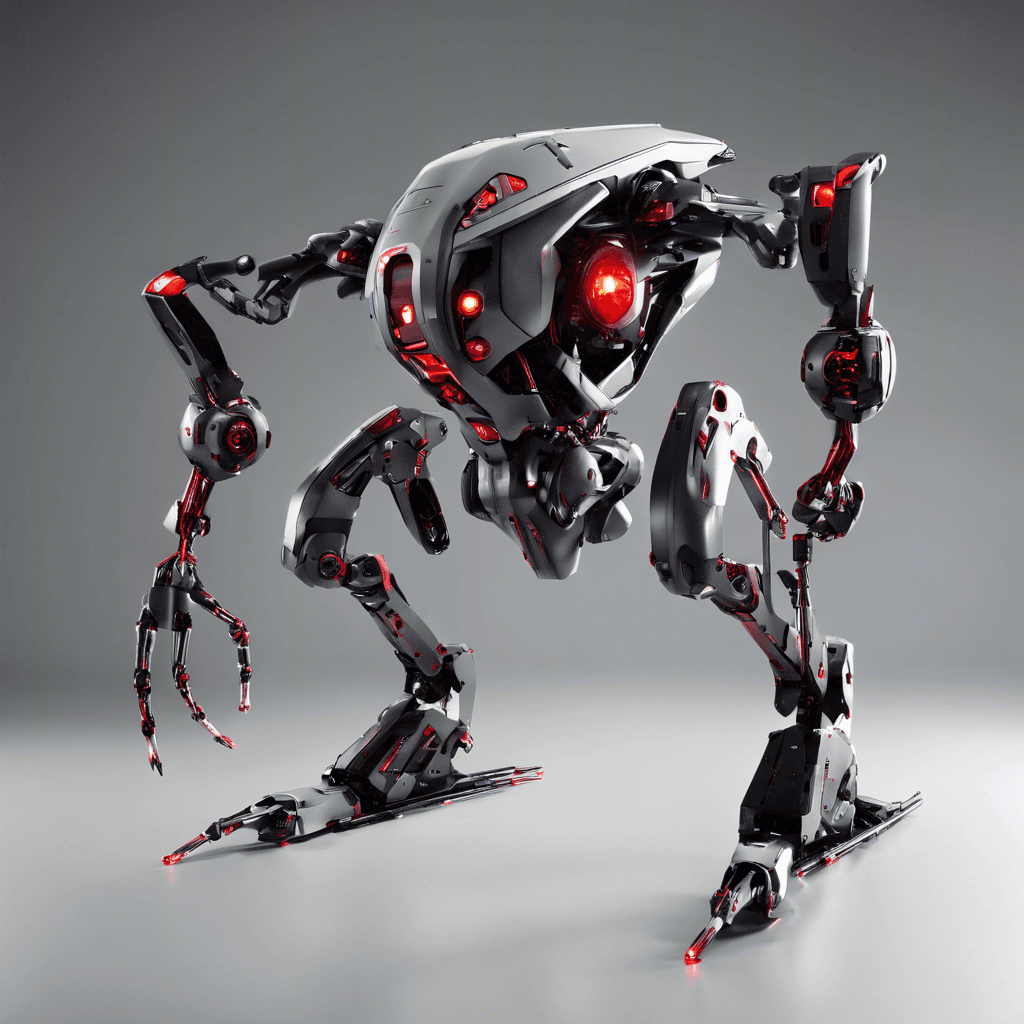 A quadrupedal robot with a sleek metallic body, glowing red sensor-eyes, and articulated limbs ending in blade-like appendages. Its frame is compact and built for lethal efficiency, designed to patrol and defend high-value areas.