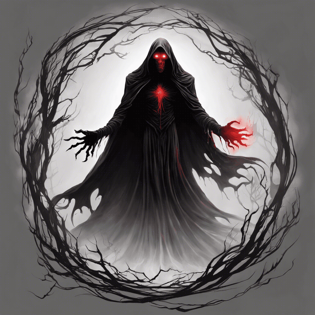 The Shadowwraith is a sinister entity shrouded in darkness, with glowing crimson eyes that pierce through the veil between worlds. Its form shifts and twists, appearing as a flickering shadow one moment and a ghostly figure the next. It exudes an aura of dread that chills the very air around it.