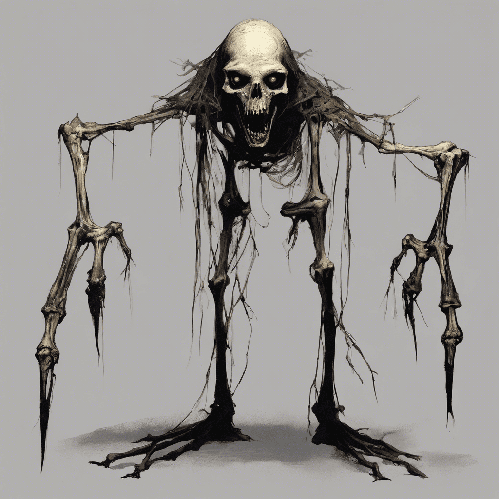 A gaunt figure with pallid, taut skin stretched over protruding bones, long ragged nails, and lifeless eyes that glow faintly in the dark. Its movements are jerky as if unseen strings pull at its limbs.