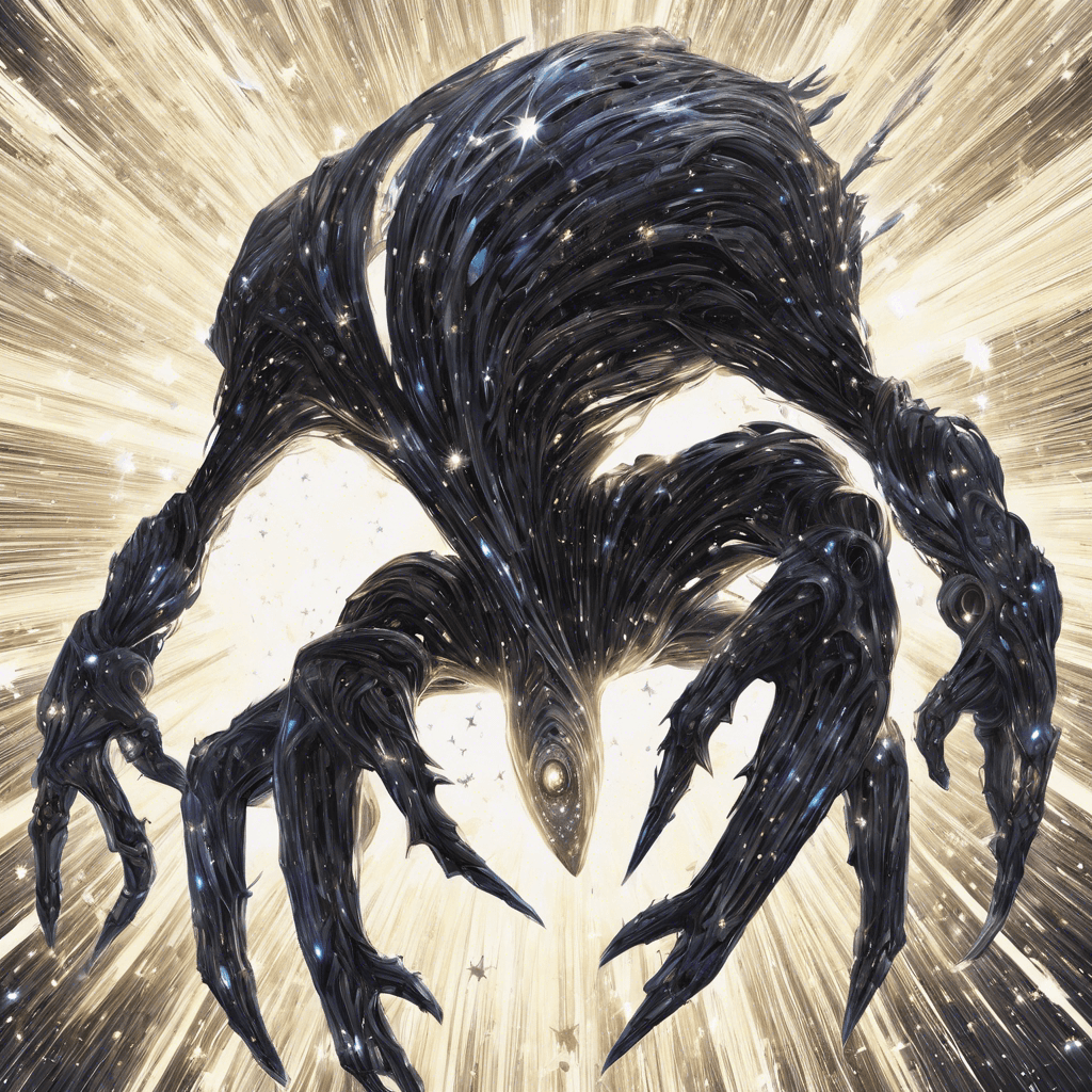 A menacing being, formed of shimmering stardust and flickering light, with a body that twists and distorts as if it's not bound by the ordinary laws of physics. It has multiple shimmering arms, each tipped with claws made of condensed starlight, and its eyes are twin black holes that wrench at the fabric of space.