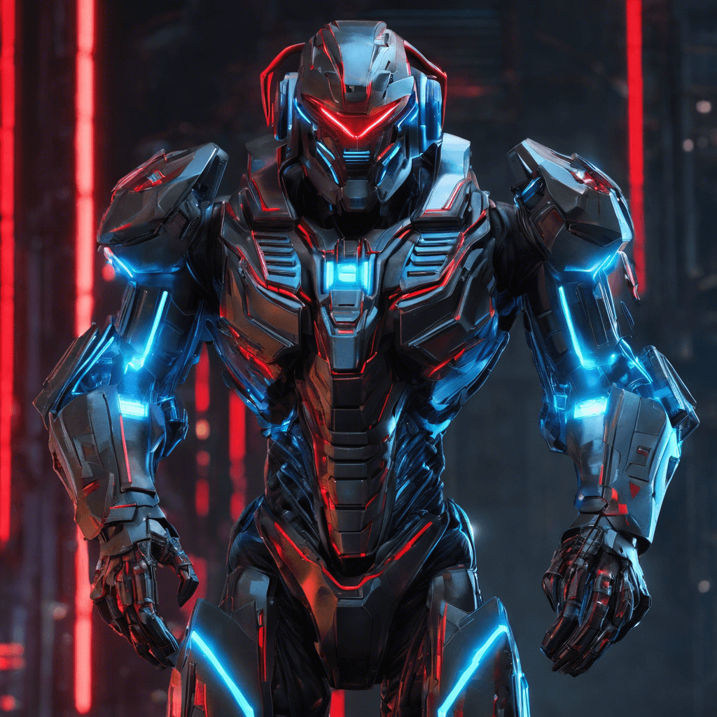 The Cybernetic Enforcer stands with a towering presence. It has metallic arms accented with sharp geometric lines, and its torso is a mix of heavy black plating and pulsating neon-blue light strips. Its head is a smooth, helmet-like structure with a visor that glows ominously red. Visible cables run from various ports on its body, pulsating with digital life.