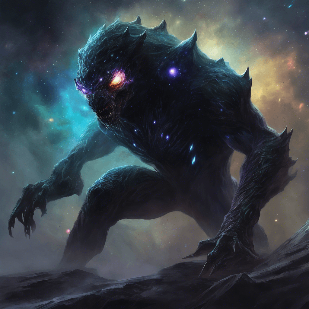 The Nebula Stalker is a shadowy figure cloaked in a shimmering dark mist, its form constantly shifting and blending with the cosmic background. Glowing eyes pierce through the darkness, following its prey with an unsettling focus. It moves silently and swiftly, like a predator hunting its next meal.