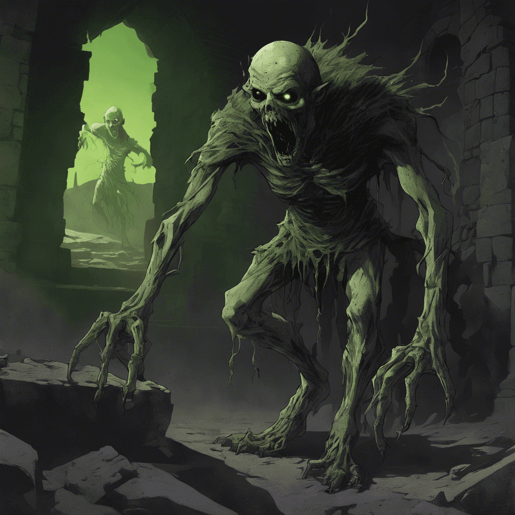 A grotesque figure emerges from the shadows of the ancient ruins. It's a ghoul, twisted and bent, its skin a sickly pale with patches of decay. Eyes glowing with a malevolent green light, it moves with a hungry, skulking gait and claws that seem to scrape the very light from the air around it.