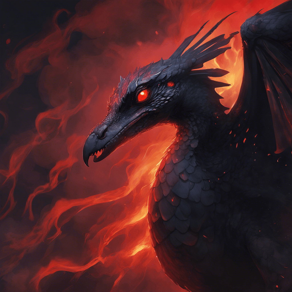 A pitch-black drake with glowing red eyes and smoke billowing from its nostrils. Its scales glint with a dark iridescence, and its wings spread wide, casting a chilling shade.