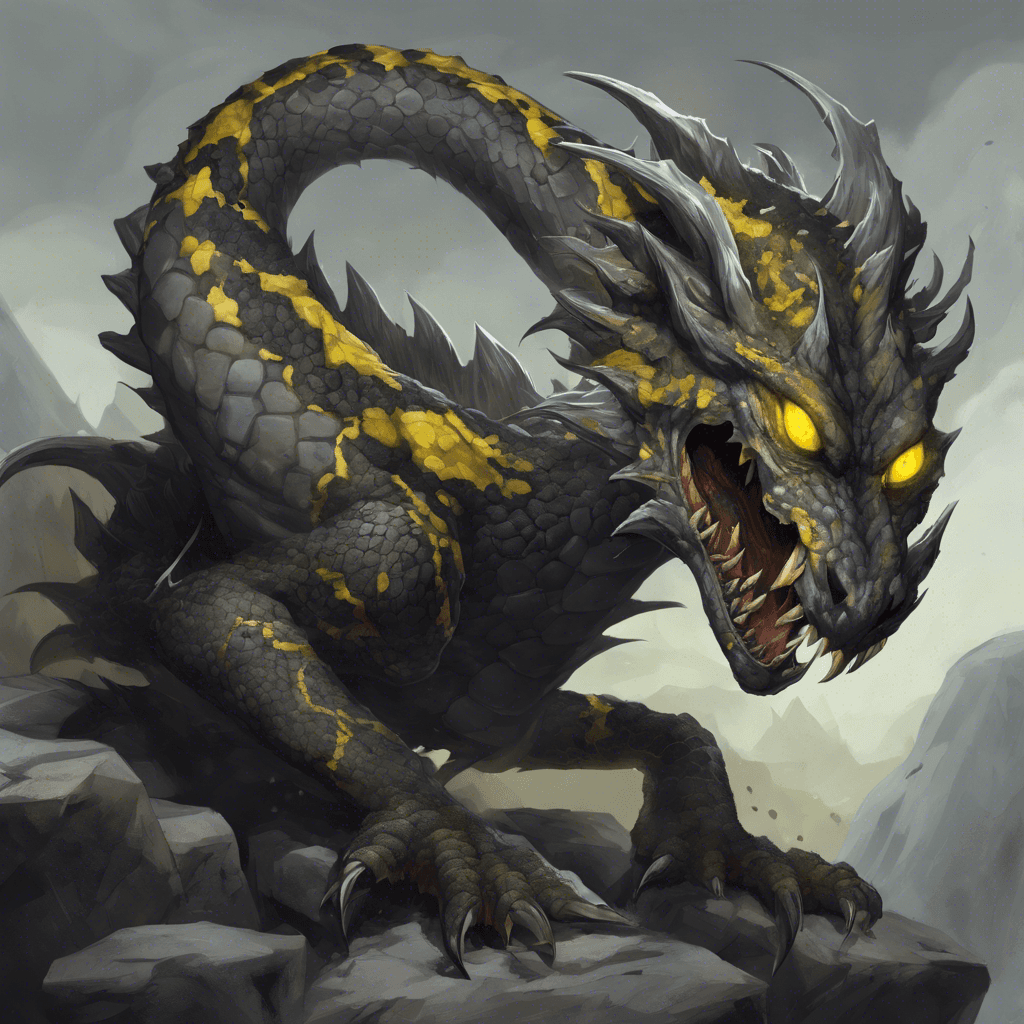 A serpentine creature with stone-gray scales, baleful yellow eyes, persistently oozing venom from jagged fangs, and a sinewy frame coiling amidst the rocky shadows.