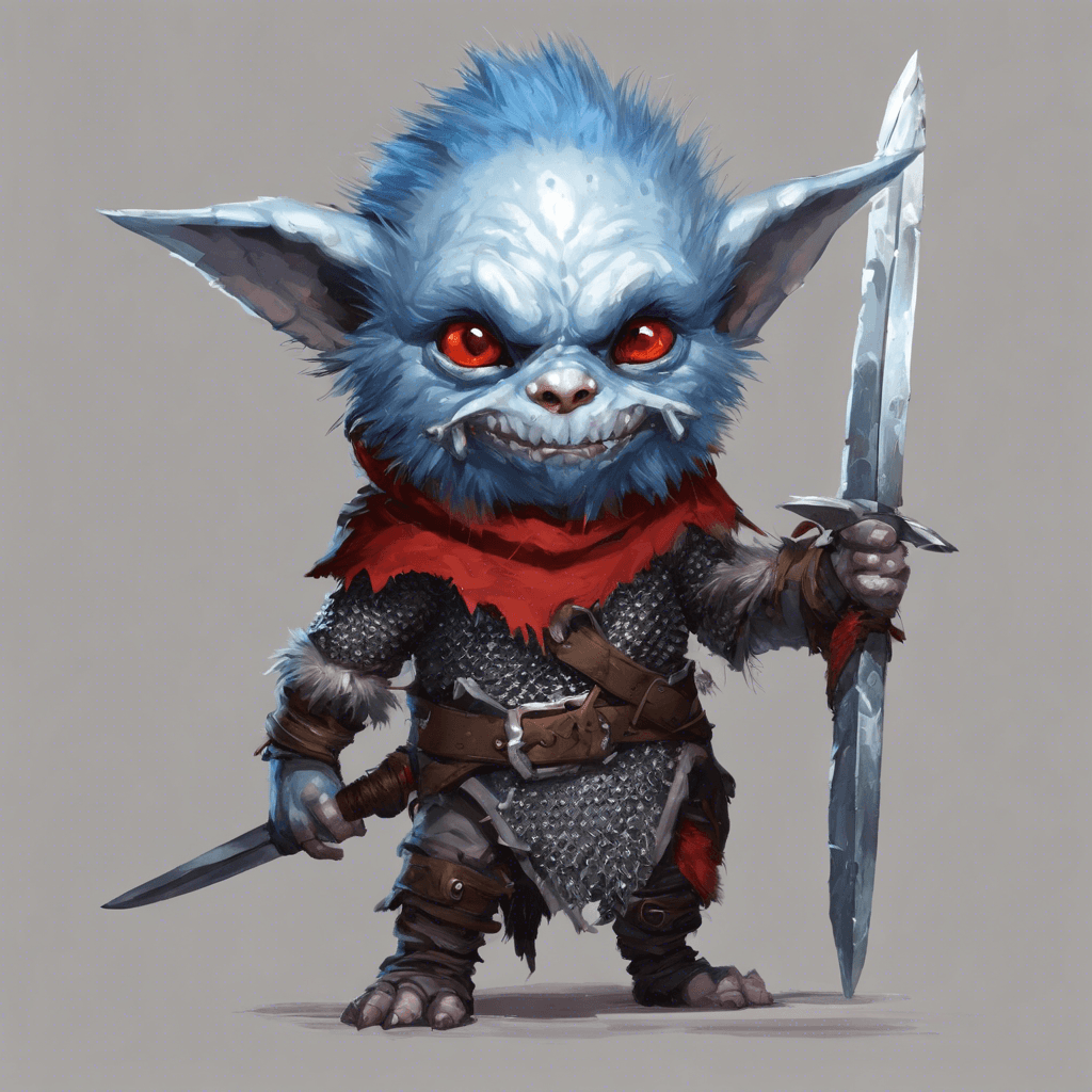 A diminutive goblin with icy blue skin, clad in pelts and armored with crudely forged chainmail. Small, bright red eyes peer out from under a heavy fur-lined hood, and a jagged short sword dangles at its side.