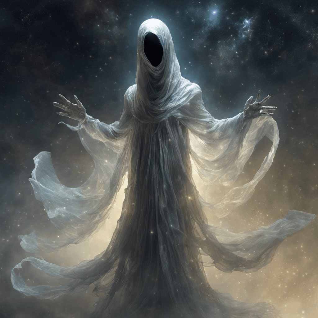 A shimmering, translucent figure hovering midair, draped in tattered robes of glinting stardust. Its elongated, spindly fingers reach out, distorting the very fabric of space around it. A ghostly mask with no discernible features floats where a face might be, giving off an eerie vibe of alien intelligence.