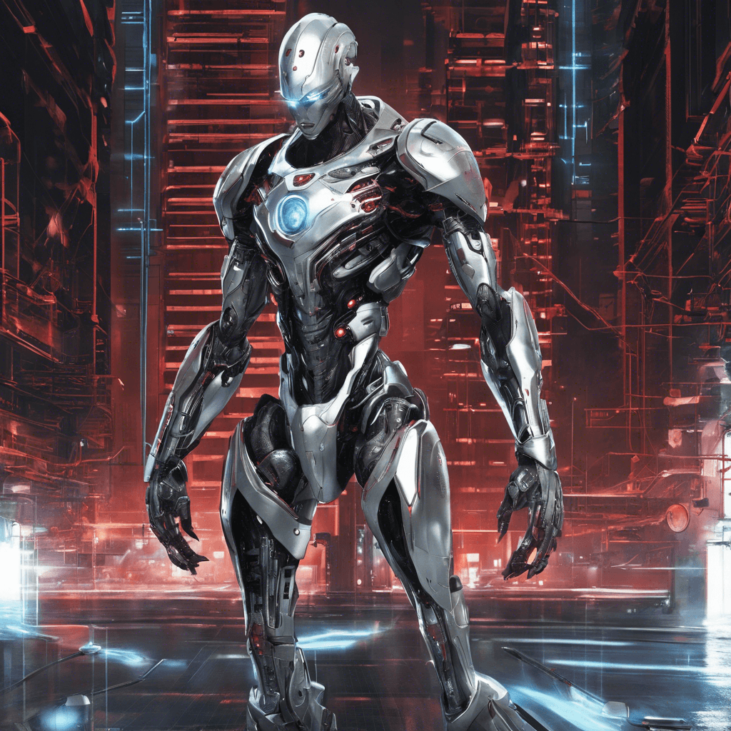 The Neural Sentry is a formidable cybernetic guardian, standing tall with sleek silver armor that integrates seamlessly with its robotic limbs. Its eyes glow with a menacing red light, scanning its surroundings for any intruders. Wires and circuits run visibly across its body, indicating its advanced cybernetic enhancements.