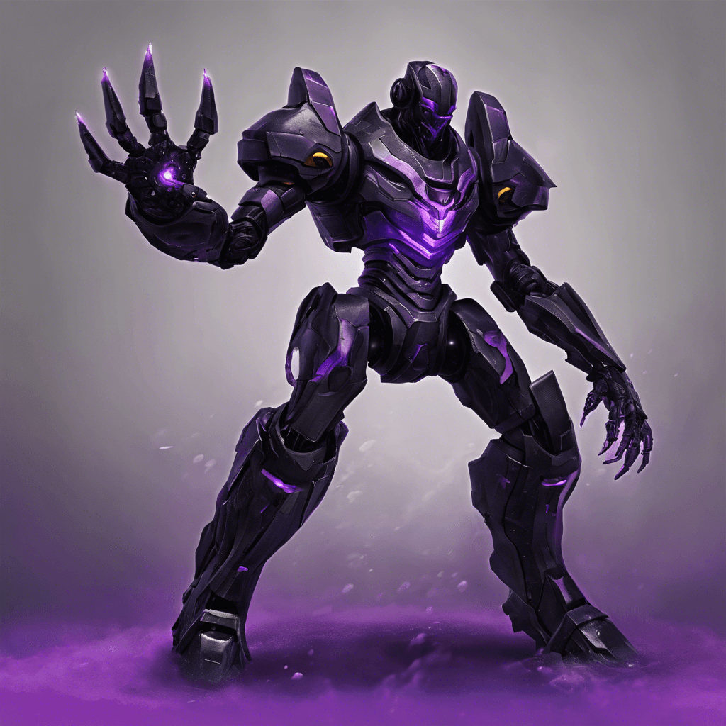 The Void Sentinel is a towering figure covered in shimmering black armor, emitting an eerie purple glow from its eyes and energy weapons. Its robotic limbs move with precision and speed, ready to strike at a moment's notice.