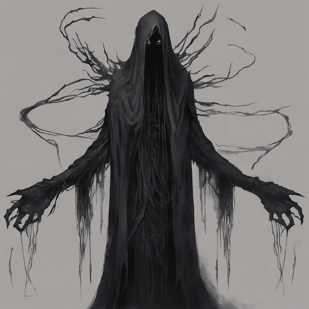 The Shadow Stitcher is a spectral figure draped in tattered black robes, its face hidden behind a veil of darkness. Its hands are adorned with long, needle-like claws that shimmer with an eerie, ethereal light. As it moves, you can hear the faint sound of fabric being sewn together and whispers echoing in the air.