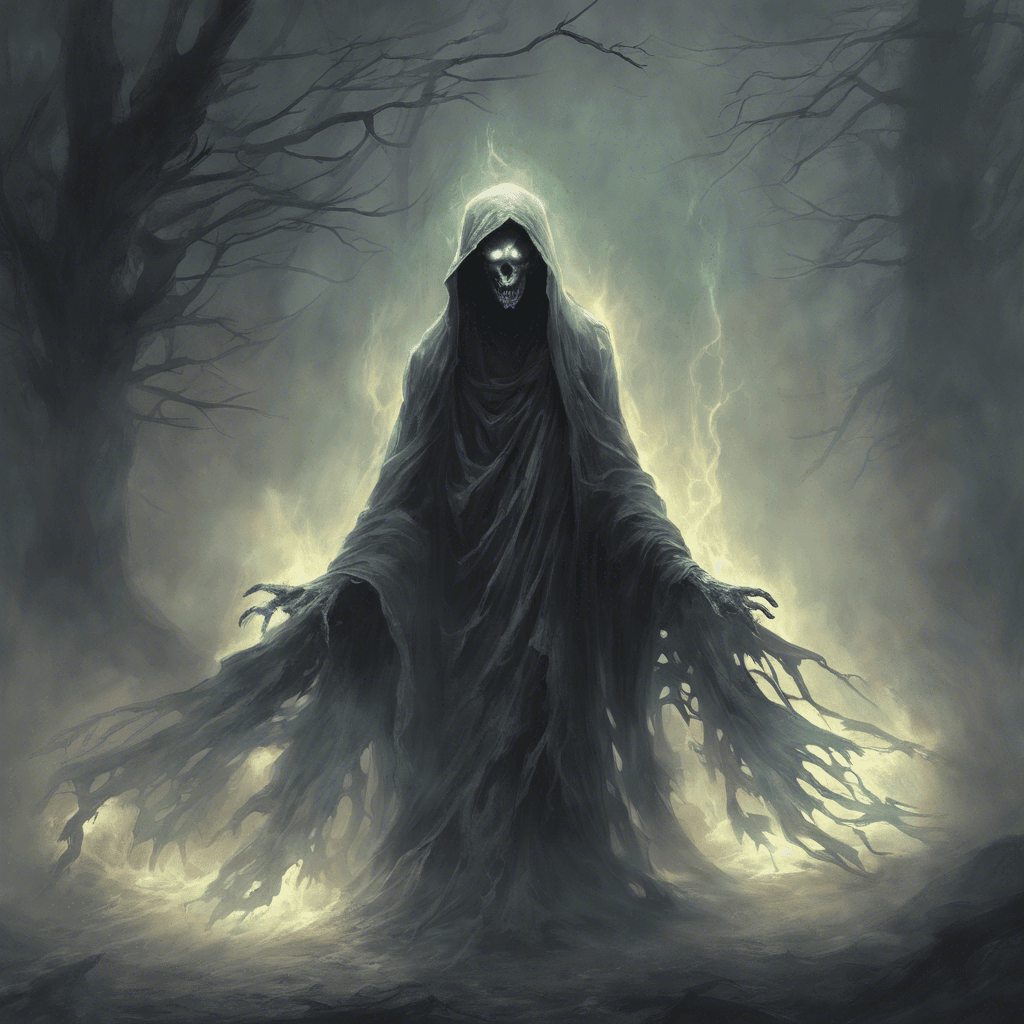 The Spectral Revenant is a ghostly figure draped in tattered robes, its form flickering in and out of existence as if trapped between the realms of the living and the dead. Its eyes glow with an otherworldly light as it emits a bone-chilling wail that pierces through the fog of Raven Hollow.