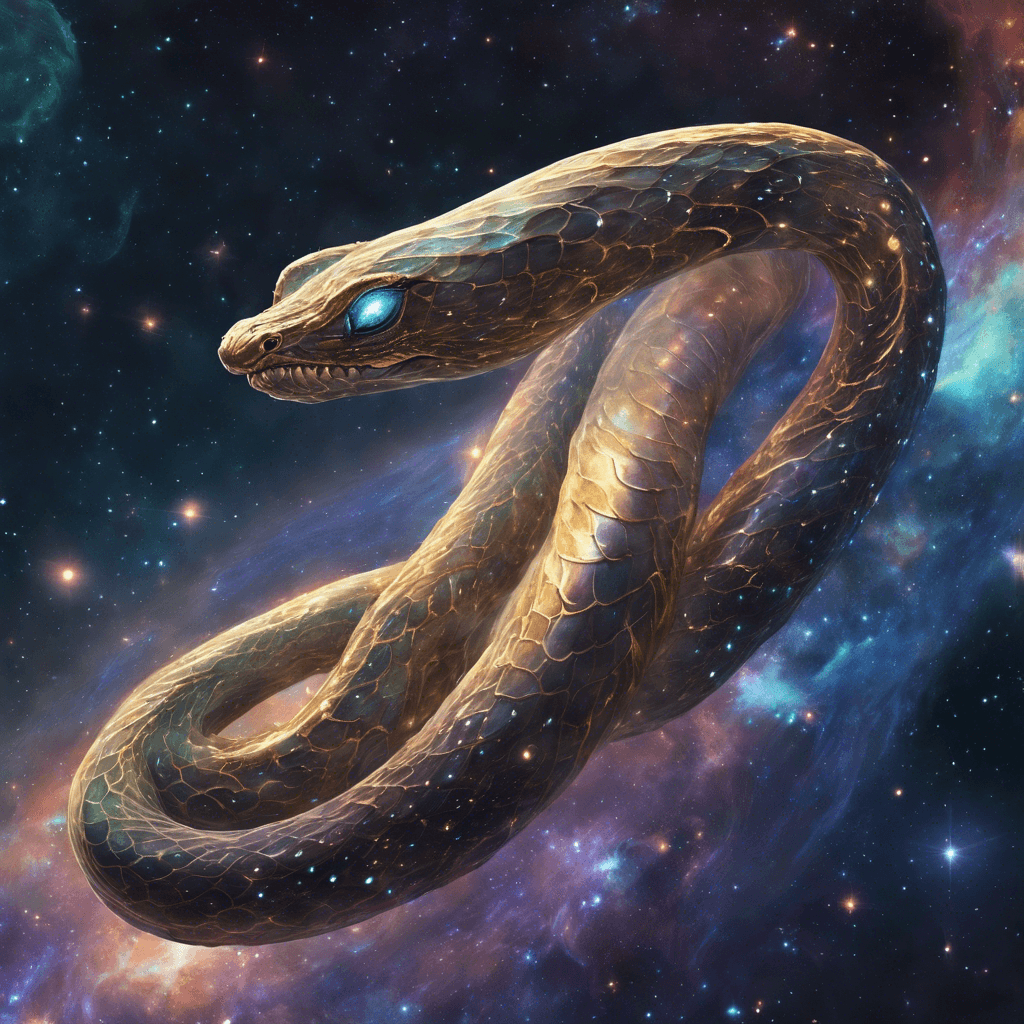 A serpentine creature with shimmering, translucent scales reflecting the nebula outside. Its eyes glimmer with the light of a thousand stars, and time seems to bend in waves around its elongated body as it moves through the cruiser.