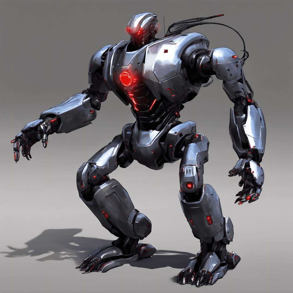 The Cyber Sentinel is a humanoid robot with sleek, metallic armor covering its body. Its glowing red eyes flicker with malicious intent as it scans the area for intruders. A series of cybernetic enhancements protrude from its arms, ready to strike at any threat.