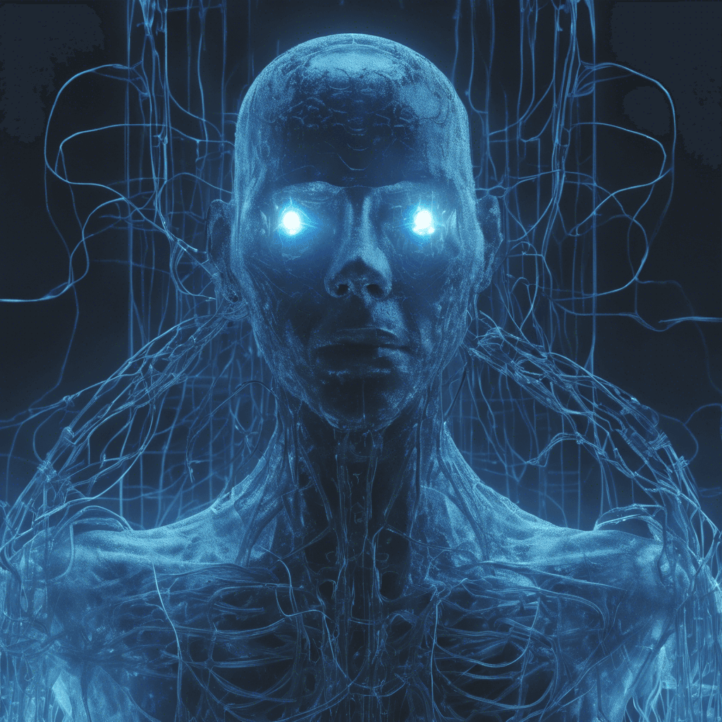 A ghostly figure glows with an eerie blue light, its form flickering like a corrupted hologram. Parts of its body are translucent, showing circuits and wires where flesh should be, and its eyes are twin orbs of scintillating code.