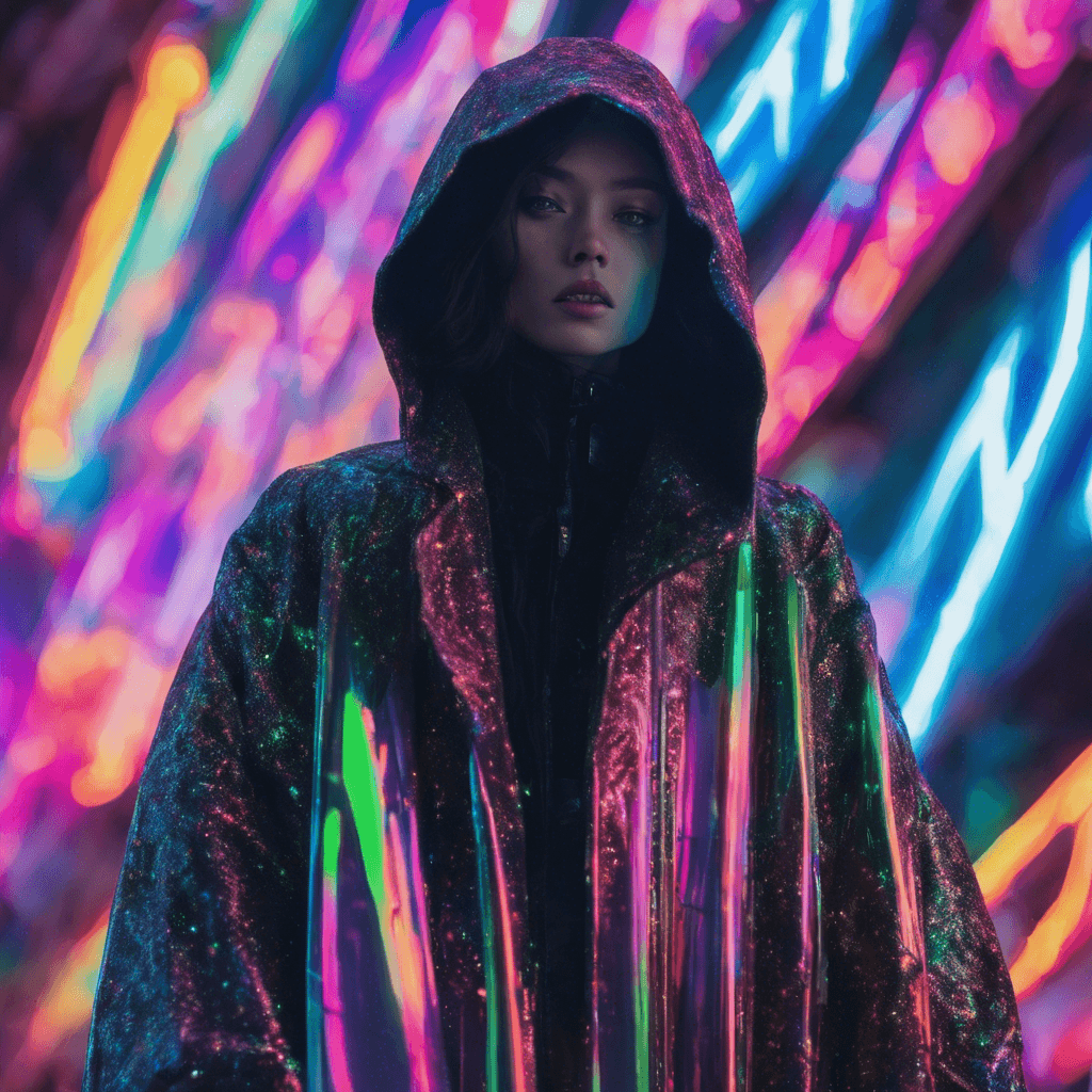 Spectral figure wreathed in digital distortions and holographic shimmers, clad in a long coat lined with neon lights that flicker erratically.