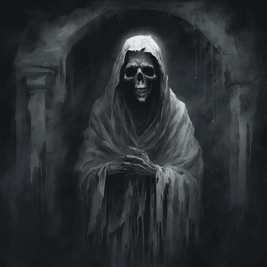 The Specter of Despair is a ghostly figure clad in tattered robes, its eyes glowing with malevolent energy. It exudes an aura of hopelessness and despair, causing all who gaze upon it to feel a chill in their hearts. Shadows seem to cling to its form, twisting and writhing as if alive.