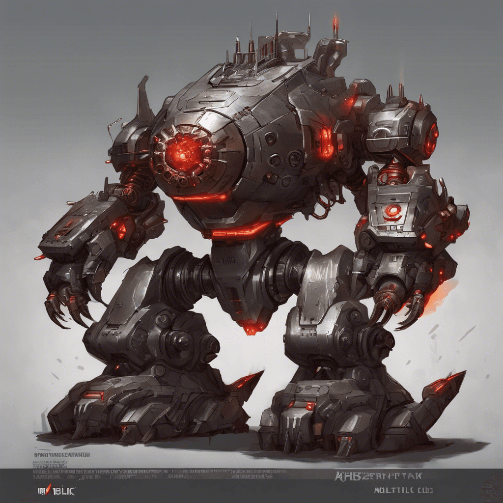 A metallic behemoth with whirling gears and glowing red sensors armed with an array of deadly lasers and defensive shields. Spines bristle from its back, each a potential cannon. Its frame is sleek yet intimidating, adaptable in combat and formidable in stature.