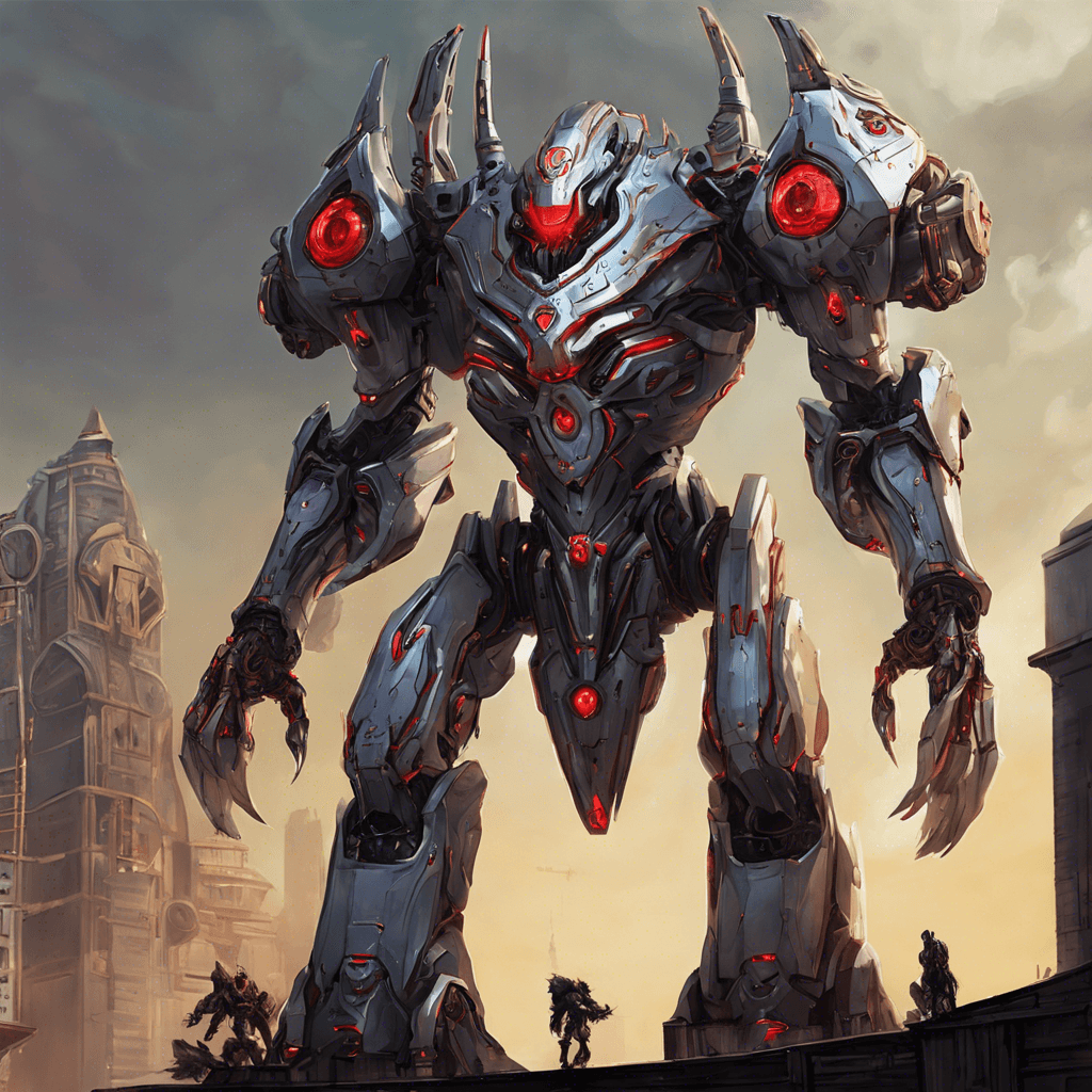 The Xenonite Sentinel is a towering robotic guardian, standing at ten feet tall with gleaming silver armor plating adorned with intricate glowing patterns. Its single glowing red eye scans the area for intruders, emitting a low mechanical hum with each step. Its four articulated arms end in sharp claws, ready to defend its territory at all costs.