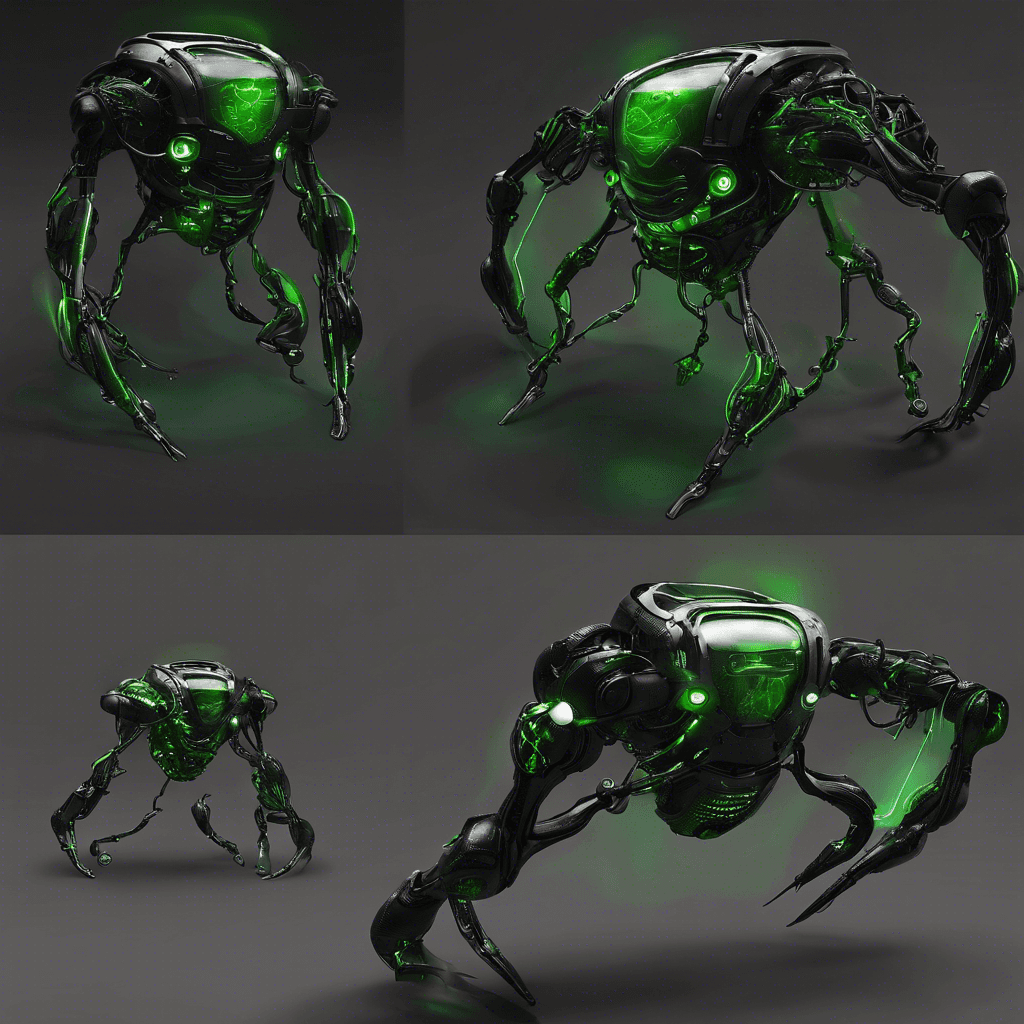 The Orion Reclaimer is a semi-organic robotic entity, with a core of blackened steel wrapped in pulsating green bio-circuits. It moves with unnatural flexibility, its limbs constantly reshaping to adapt to its environment, surrounded by a faint bio-luminescent glow.