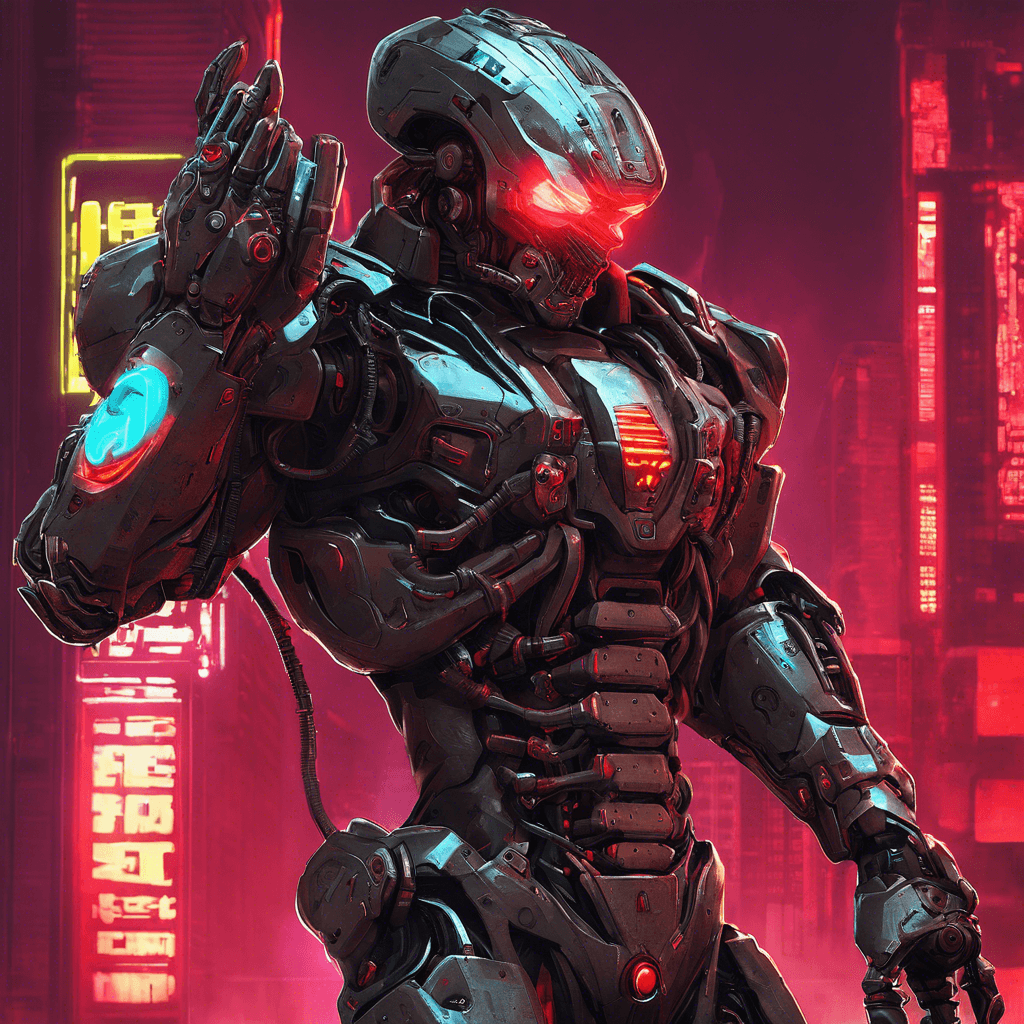 The Cybernetic Enforcer is a humanoid figure clad in advanced cybernetic armor, enhanced with various weapons and sensors. Its eyes glow with a menacing red light, and its mechanical limbs move with precision and strength. It emits a low hum of power as it patrols the streets, ready to eliminate any threats to the corporate interests.