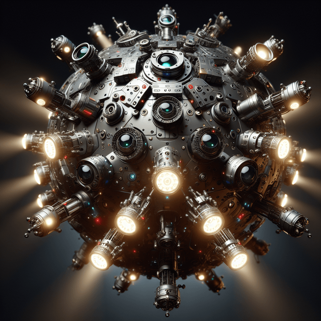 A hovering spherical drone with multiple optical sensors blinking in a menacing sync, equipped with metallic appendages ending in various tools and weapons.