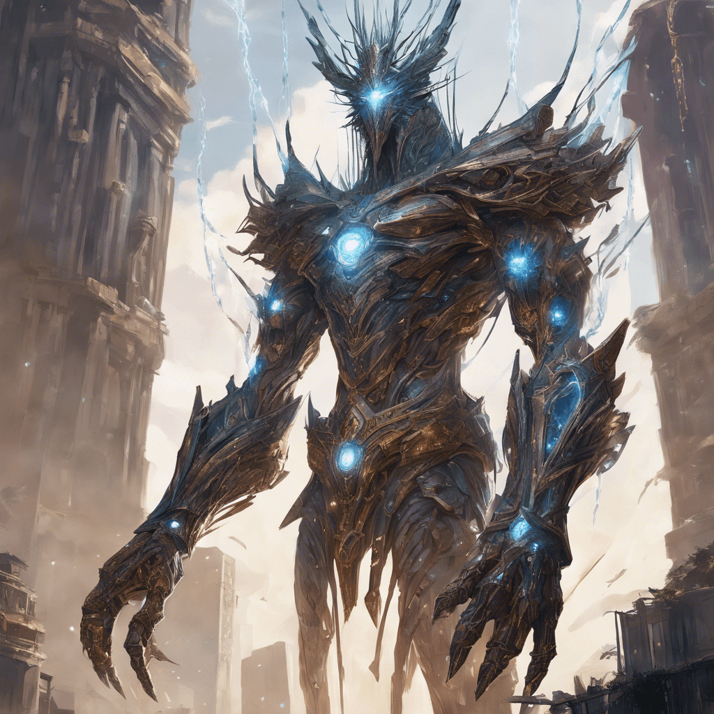 A towering sentinel with a metallic sheen, crowned with pulsating energy crystals; it hovers silently, emanating a sense of ancient power. Its limbs are adorned with arcane symbols, and it wields long, electrified combat wires.