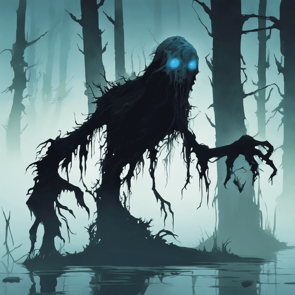 A silhouette of swirling mist and decay, the Bog Wraith floats above the swamp with hollow eyes glowing a faint blue. Its elongated fingers end in sharp, ghostly claws, and tattered robes hang off its form like decaying moss.