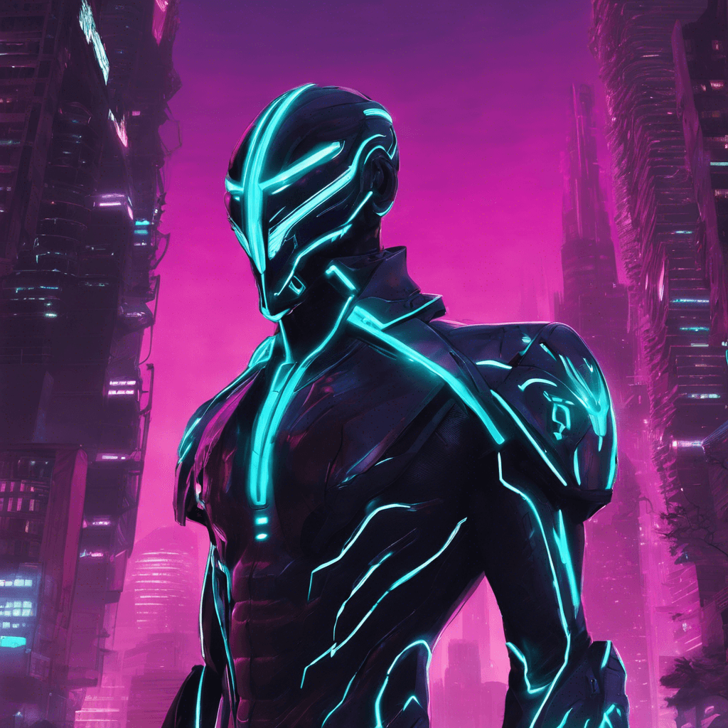 The Neon Phantom is a sleek, shadowy figure clad in luminescent cybernetic armor that reflects the neon lights of New Arcadia. Its eyes glow with an eerie brightness, and every movement leaves a trail of shimmering light behind. It moves with uncanny speed and agility, blending seamlessly into the urban landscape.