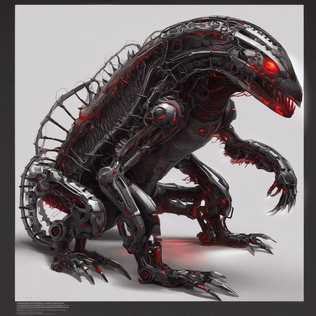 A sleek mechanical entity with gleaming, razor-sharp appendages, sinister red optical sensors that glow ominously in the dark, and a scaly hide that looks like interwoven wires and metal.