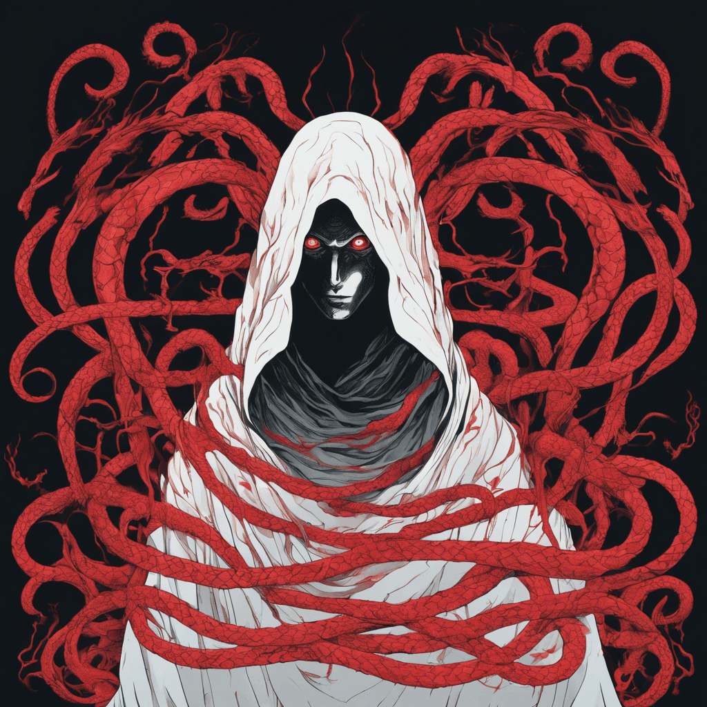 A cloaked figure with eyes glowing red beneath the hood, tendrils of shadow weaving around its form like serpents.