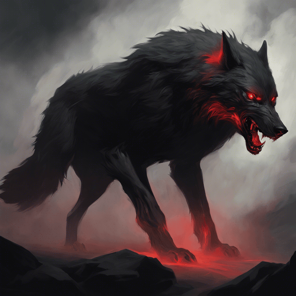 A large, menacing wolf-like creature with eyes glowing red in the darkness, fur as black as the night, and long, ominous shadows billowing from its form like smoke.