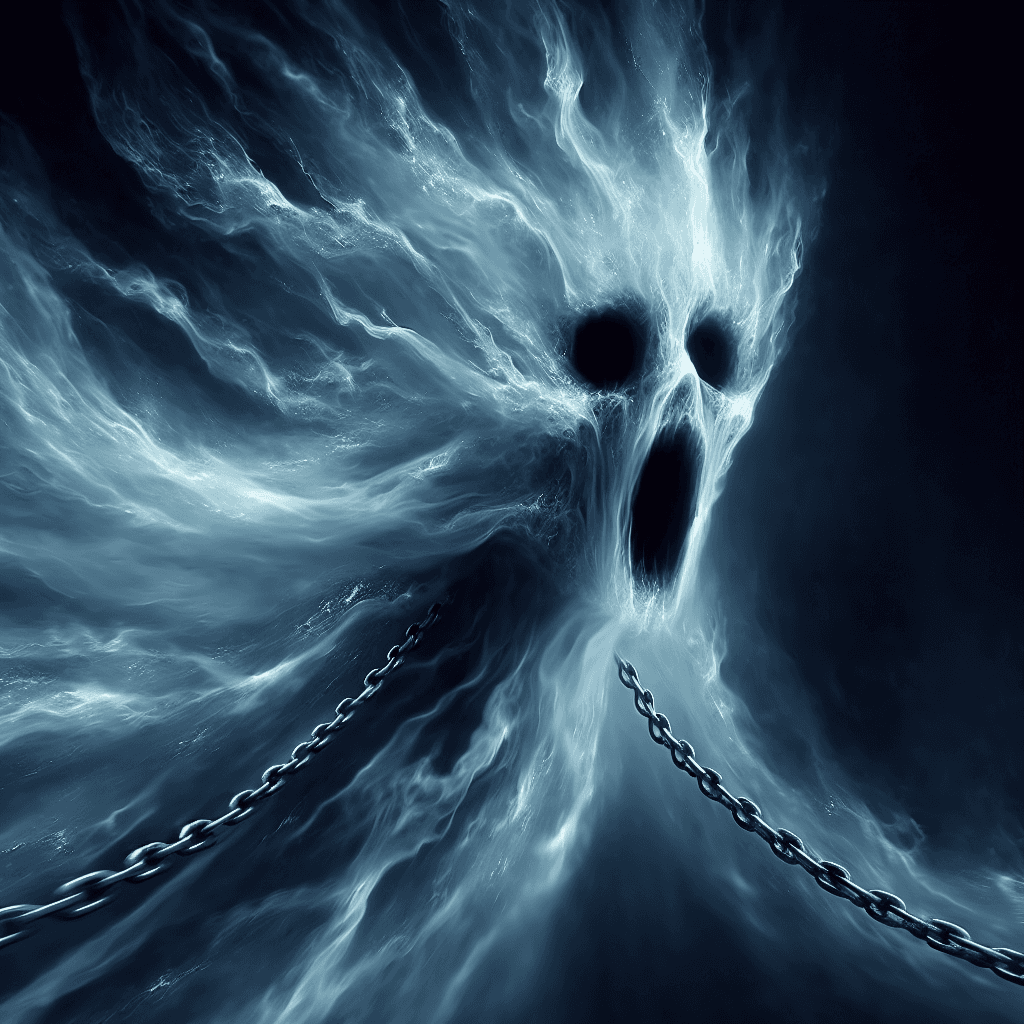 A spectral figure, shifting and intangible, with piercing empty eyesockets and a mouth agape, as if in a silent scream. Ethereal chains clad its wispy form, and gusts of chilling wind accompany its movements.