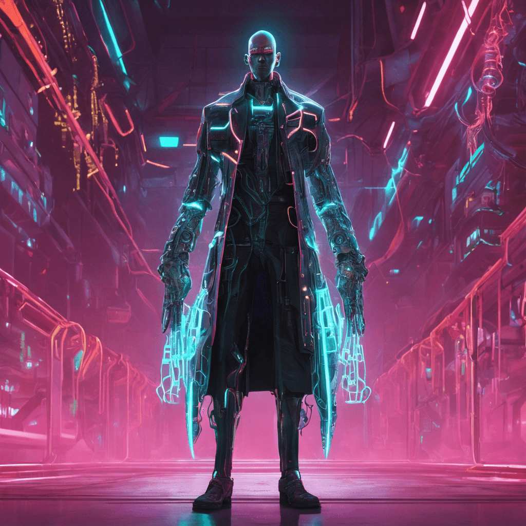 A figure clad in a long coat with neon circuit patterns. His eyes are replaced with glowing cybernetic implants. Two sleek cybernetic arms are visible, one boasting a retractable monomolecular blade.