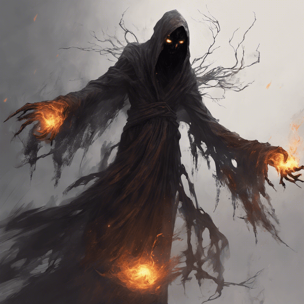 A wraithlike figure draped in tattered robes that flutter without wind. Its eyes are two glowing embers in a face that is nothing more than a shadowy void, and its hands are elongated, clawed, and seem to absorb the light around them.