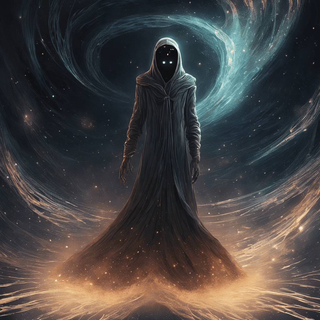 A shadowy figure with ethereal, glowing eyes and a body made of swirling cosmic dust. It floats silently through the hull of the ship, leaving a trail of dark energy in its wake.