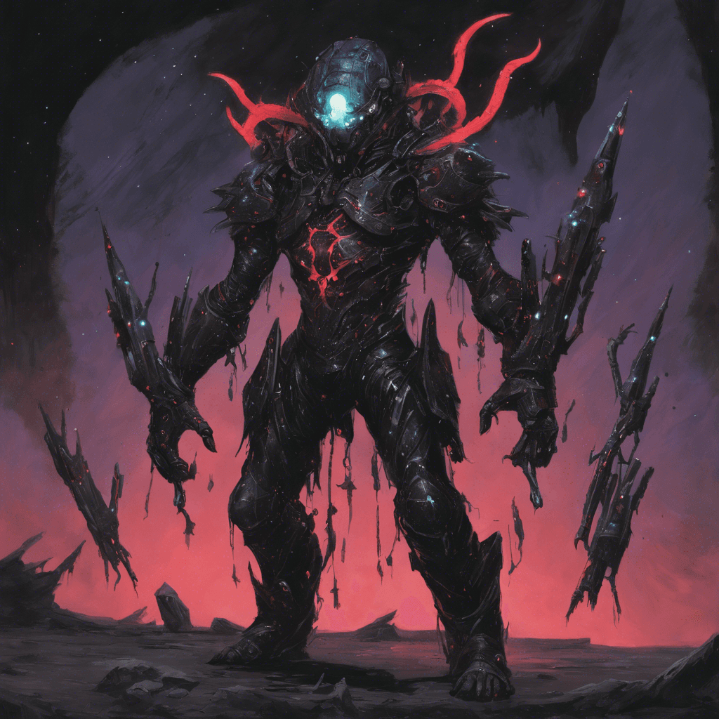 A menacing figure clad in tattered space leathers, its skin is a pitch-black void studded with star-like bioluminescent specks. It has four arms, each holding a different weapon, and its eyes are glowing red slits beneath its helmet.