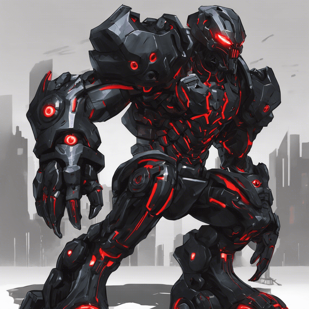 The Cybernetic Enforcer is a towering figure clad in black carbon fiber armor, with glowing red cybernetic eyes piercing through the darkness. Its mechanical limbs whir and hum with deadly precision, ready to strike down any who dare challenge its authority.