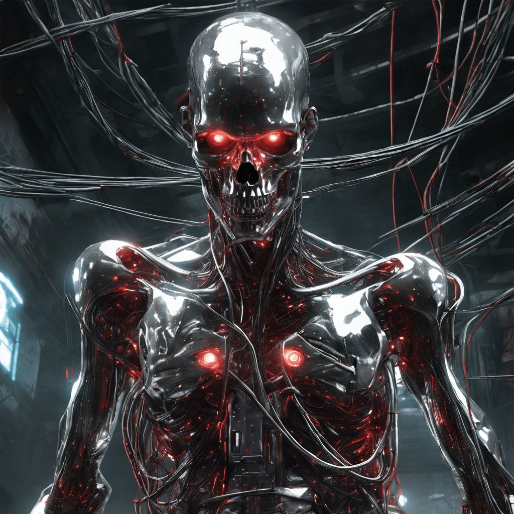 This figure looms in the dim light, its silhouette bulky with cybernetic enhancements. Gleaming chrome limbs fused seamlessly with flesh reveal its potential for violence. Eyes glow beneath a tangle of cables and tech stemming from its skull, displaying a sinister red hue signaling its hacking interface actively seeking vulnerabilities to exploit.