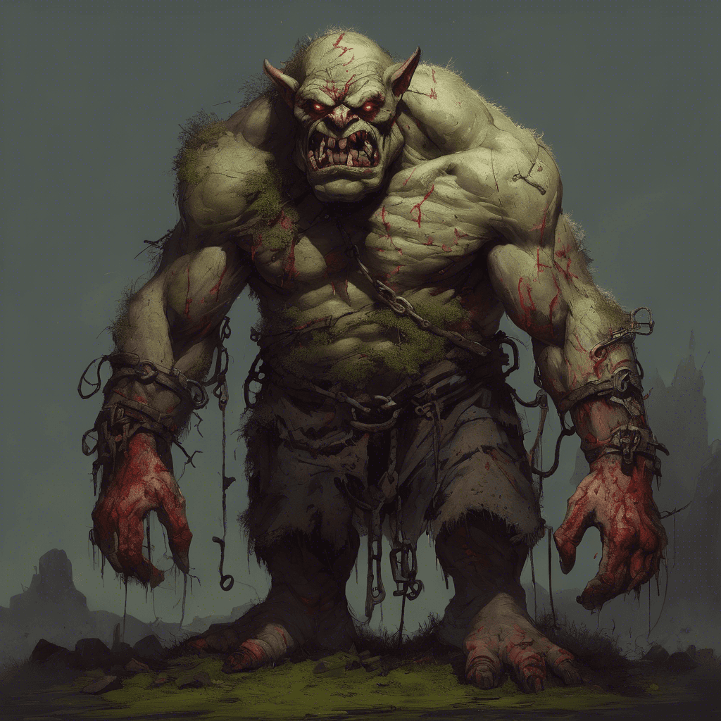 A hulking, decrepit ogre with tattered skin, glowing red eyes, and shackles etched with ancient runes. Dirt and moss cover its body, giving off an aura of decay and corruption.