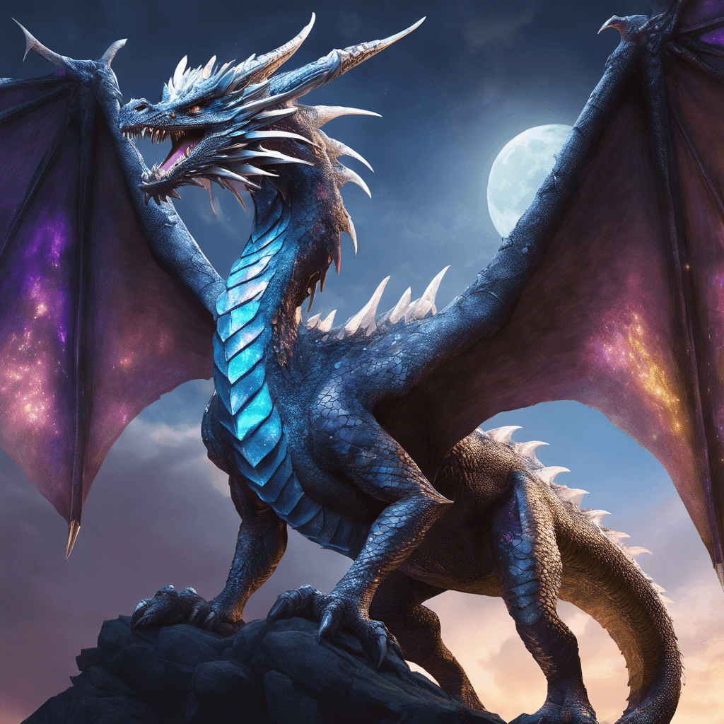 A colossal, ancient dragon with iridescent scales that glimmer in the moonlight, exhibiting large, leathery wings and eyes that glow with a mystical light. It exudes a sense of majesty and an aura of power.