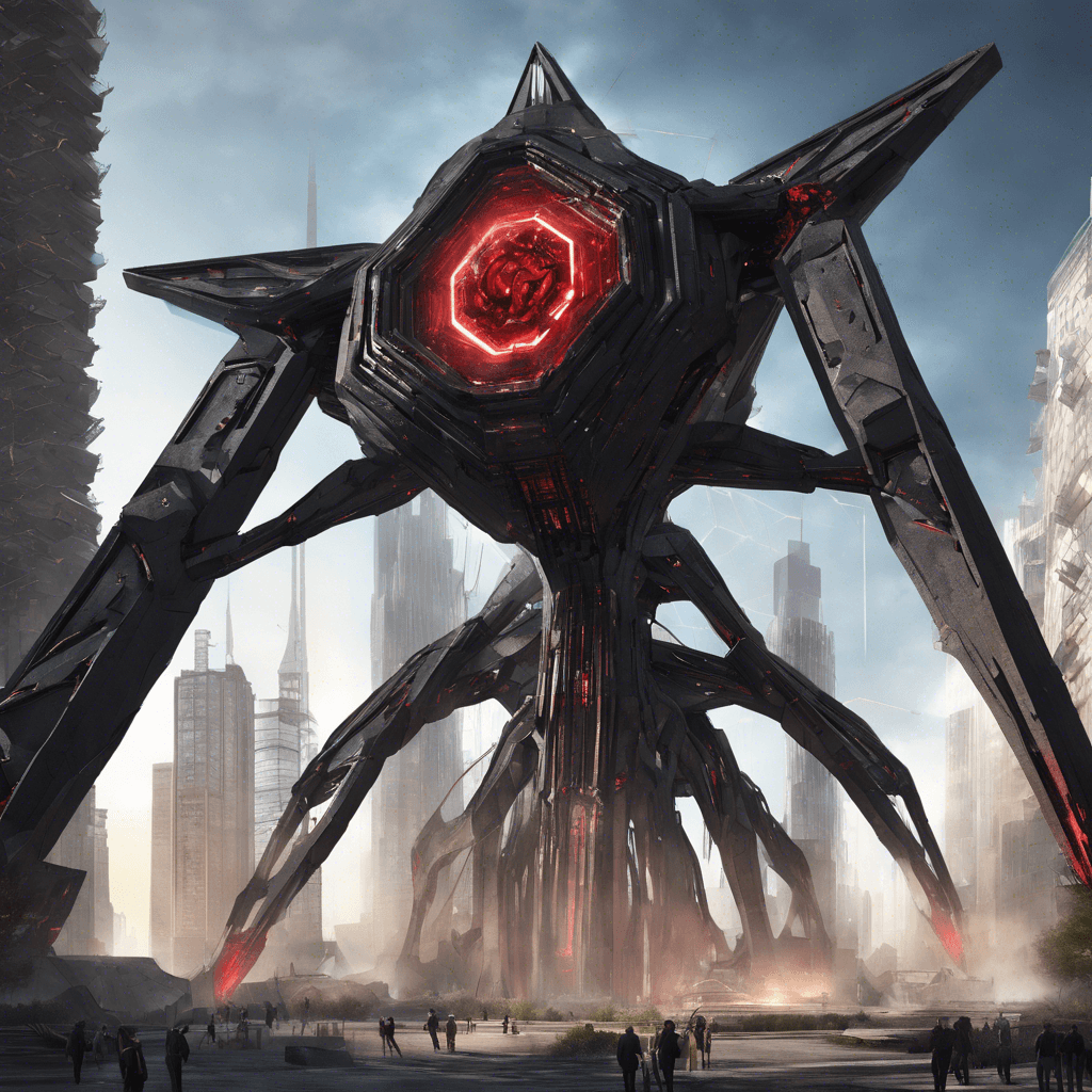 The Guardian Construct is a towering mass of blackened metal and pulsating energy cores, with sharp angular limbs and a central cyclopean sensor that emanates a scanning red beam.