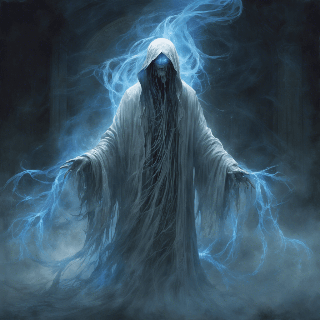 A ghostly figure shrouded in tattered robes, its eyes glowing with an eerie blue light. Long, ethereal tendrils of mist swirl around its form as it floats above the ground, exuding an aura of cold dread.